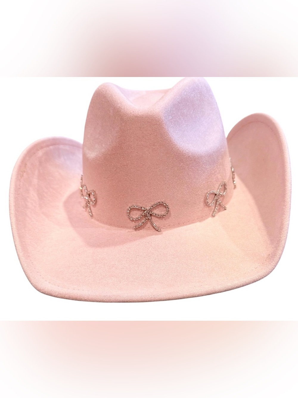 Fame Accessories Pink Faux Suede Cowboy Hat Rhinestone Bows Western Coquette - Picture 2 of 7